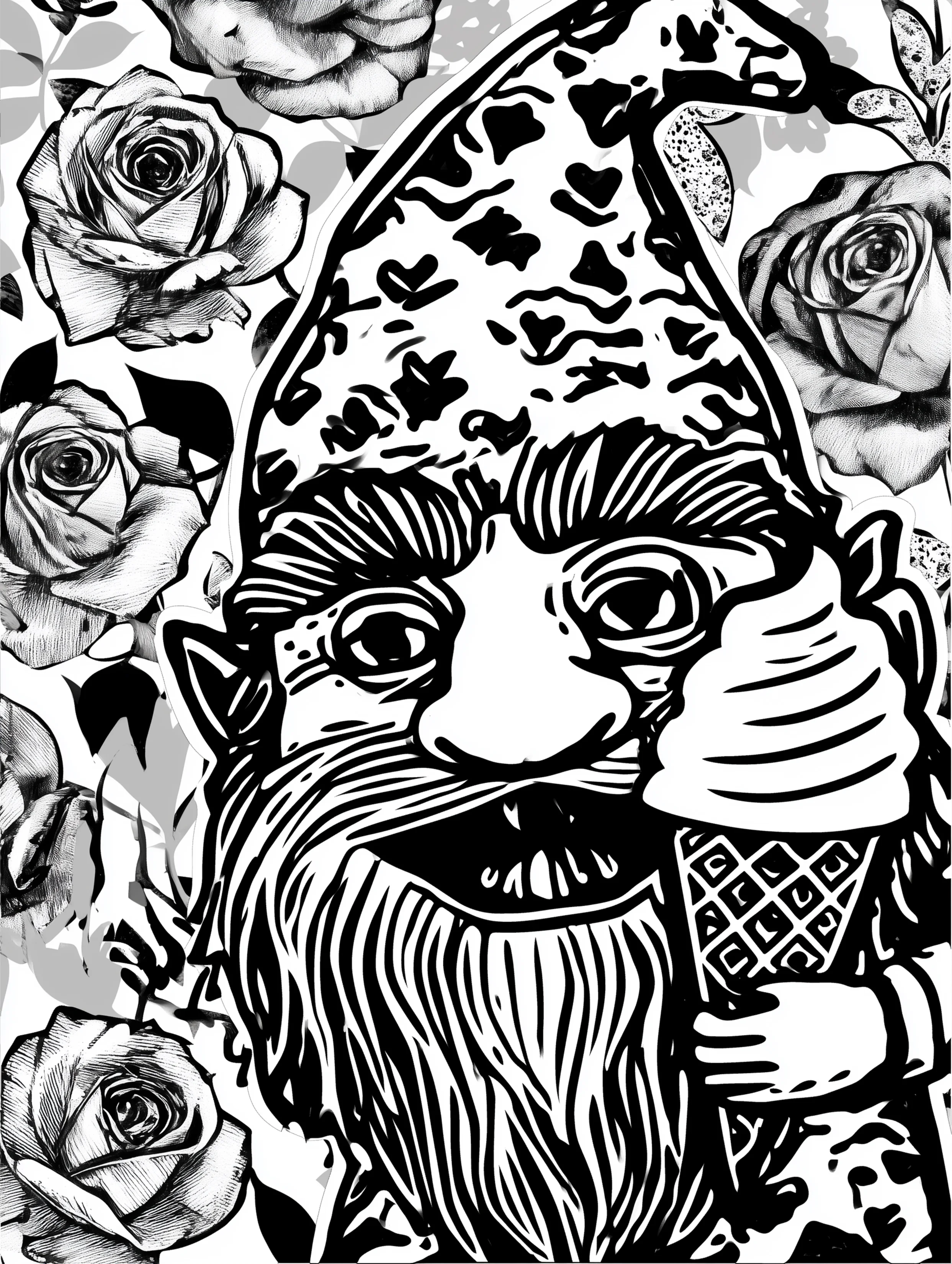 Free printable gnome coloring page for adults featuring a happy gnome with ice cream